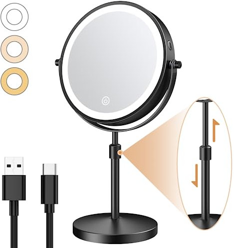 Benbilry Grand miroir de courtoisie lumineux de 21,6 cm avec 3 couleurs à intensité variable, hauteur réglable, grossissement 1x/10x, double face, pivotant à 360°, miroir sur pied sans fil, noir