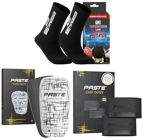 PASTE - XXL 3er Set: TAPEDESIGN Fußball-Socken (Classic), Schienbeinschoner Schienbeinschonerhalter (schwarz) - Fussball-Socken mit Schienbeinschoner Halterung & Shin Guards Kinder, Herren