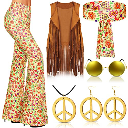 Haull 7 Pcs 60er 70er Jahre Outfits für Frauen Hippie Kostüm Set Boho Ausgestellte Hosen Fransen Weste Peace Zeichen Zubehör Set, Mehrfarbig, M