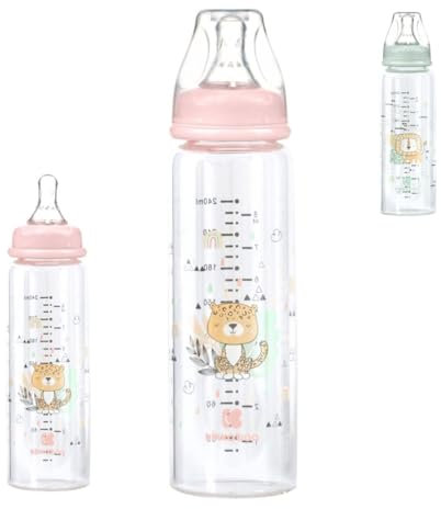 Kikkaboo Baby Glasflasche Savanna 240 ml, Silikonsauger Größe M, Anti-Kolik rosa
