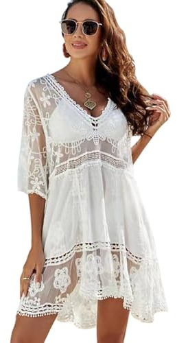 XiYee Copricostume Mare Donna Pizzo Copribikini in Cotone sui Costume da Bagno, Abito in Estate da Spiaggia per Estate Cover up Bikini (Bianco)