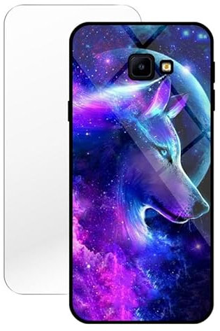 KARTXITAI Coque Compatible avec Samsung Galaxy J4 Plus,Verre Trempé Dure + Bords Couvrants Silicone TPU Souple Hybride Étui Antichoc Anti Rayures Case+Film Protection écran Lune Loup Nuage