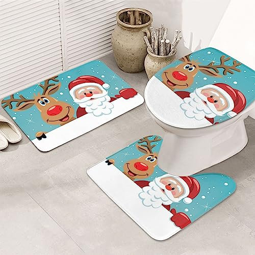 Sant Claus Hirsch Badezimmerteppich Set 3 Stück Gedruckt Saugfähige Badematten Set Rutschfester Badteppich mit U-förmiger Konturmatte WC-Deckelbezug für Badezimmerboden