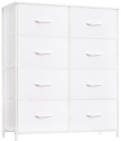 Somdot Tall Chest of Drawers for Bedroom with 8 Drawers, Wide Storage Organiser Fabric Dresser for Closet Nursery Bedside Living Room Laundry Entryway Hallway, White Leather