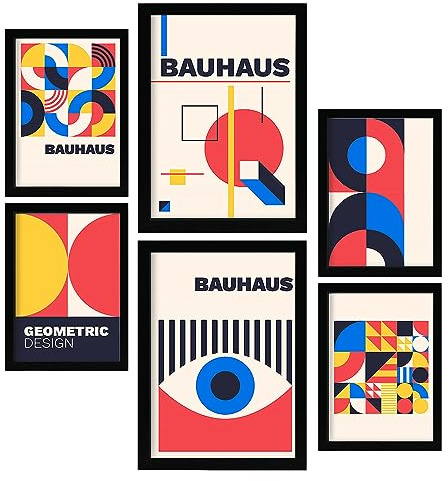 Nacnic Set von 6 Drucken im Bauhaus Stil 3 Geometrische Designkollektion Drucke mit Frames Ästhetische dekorative Rahmen für Ihr Wohnzimmer, Schlafzimmer, Zuhause Größen A4 und A3 mit schwarzen Rahmen
