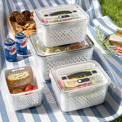 4 Pack Large Fruit Storage Containers for Fridge with vent holes and handle,Airtight Food Storage Containers Keep Fruits, Vegetables, Berry, Fresh longer,BPA-free Fridge Storage Container with Lid