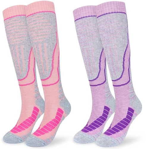 KOOOGEAR 2 Pairs Womens Merino Wool Ski Socks, Knee High Thermal Socks UK 4-7, Winter Thick Warm Sports Wool Socks for Snowboarding Skiing Cycling Hiking
