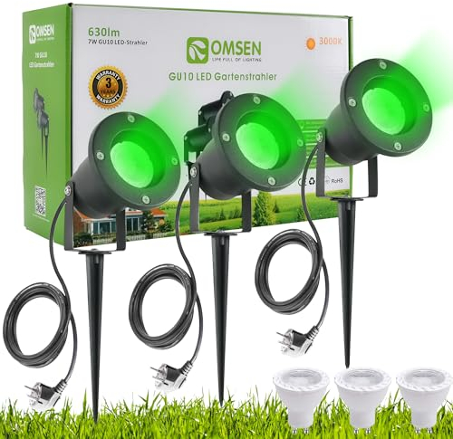 OMSEN Gartenstrahler mit Erdspieß GU10 7W Grün 230V, Robuste IP67 Wasserdicht Gartenleuchte, Austauschbare GU10 Leuchtmittel, Gartenbeleuchtung mit Strom und Kabel für Garten Rasen Baum Pflanzen