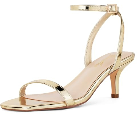 GENSHUO Damen-Sandalen mit Stilettoabsatz, quadratische offene Zehenpartie, Fesselriemchen-Absatz, sexy Riemchenkleid mit hohen Absätzen, Gold, 39 EU