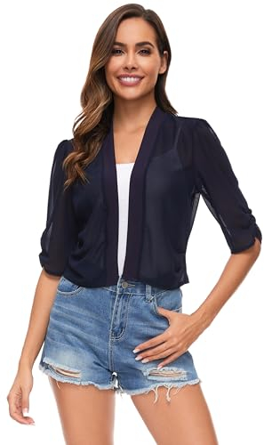 Famrrifuu Bolero Damen Chiffon Festlich Schulterjacke Halbarm Elegant Kurze Cardigan Leichte Dünn Bolerojacke,Navy,S