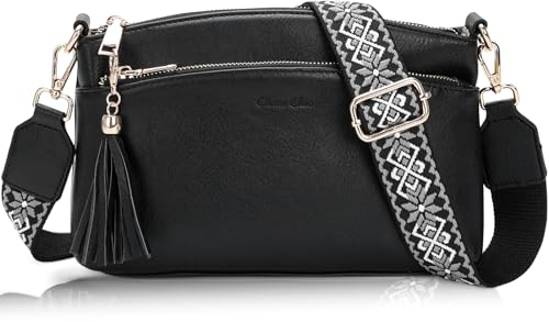 Chase Chic Umhängetasche Damen Klein,Kleiner Handtasche damen,Leder Crossbody Bag mit Breitem Schultergurt,Handytasche für Reisen,Einkaufen,Arbeiten (Schwarz)