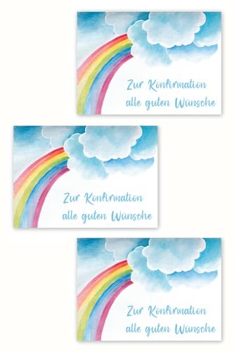 Friendly Fox Konfirmationskarten Set mit Umschlag, 3x Konfirmationskarte Regenbogen mit Umschlag, Klappkarte Konfirmation Junge Mädchen