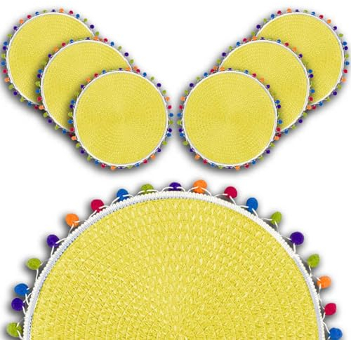 ARCA, Set di 6 Sottopiatti Rotondi, per 6 Persone, Ideali per la Tavola, Resistenti e Duraturi, Realizzati in Poliestere, Colore Giallo, Diametro 38 cm