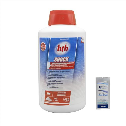HTH Shock Poudre - 4kg | Chlore Choc Non Stabilisé - Désinfection Choc - Hypochlorite de Calcium à Dissolution Rapide + 10 Tests HPS OFFERTS 6 en 1