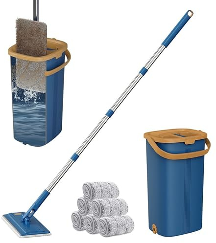 Flat Mop and Buckets Sets,Mops for Cleaning Floors with 2 Microfiber Pads and 138 cm Stainless Steel Handle,Floor Mops with Wringing Function for Cleaning Laminate Tile Marble Hardwood Floors