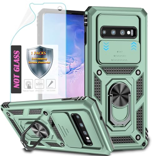 YmhxcY Handyhülle Für Samsung Galaxy S10 Hülle,[mit 1 Stück Schutzfolie],360°Drehen Metallständer，Stoßfester Schutz Hartschale，Schiebende Kameraabdeckung，Samsung Galaxy S10 case-Dunkelgrün