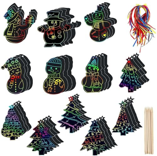 HJIAMA 48 Stück Weihnachten Kratzbilder für Kinder, Weihnachten Kratzbilder Bastelset, Scratch Art Set mit Farbigen Bändern, Holzstift, Weihnachtsbaum Rubbelkarten, Rubbelkarten