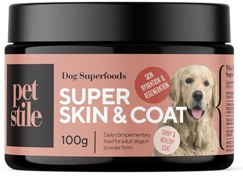 Petstile Super Skin & Coat – Integratore naturale per cani con collagene, semi di lino e olio di pesce per pelle elastica, pelo sano e riduzione delle infiammazioni (1x 100 g)