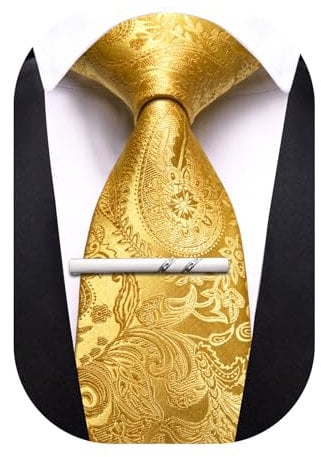 Barry.Wang Paisley-Krawatte für Herren, Seide, gewebte Krawatte und Krawattenklammer, Set, Hochzeit, Party, Business, formelle Anlässe, Gold, Einheitsgröße