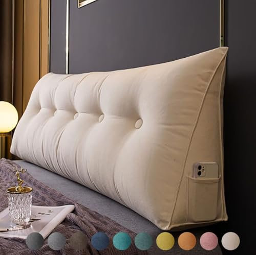 Bettkissen Rückenlehne 60cm Beige, Rückenkissen Bett Keil Kopfteil Kissen, Waschbar Abnehmbar Rückenstützkissen Lendenkissen mit Seitentasche, Bequemes Groß Wandkissen Lesekissen für Bett und Sofa