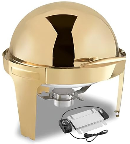 6L Gold Chafing Dish Food Warmer, 2-in-1 Stainless Steel Round Chafing Dish with Heating Plate, Adjustable Temperature Control, Portable Chafing Dish Buffet Server, for Commercial Catering Use