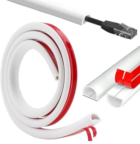 Cable Trunking, 1m 15x10 mm Trunking for Electric Cables PVC White Single Cable Hider Self Adhesive Hide TV Wires Trunking Semi-circular Paintable Wire Channel Extension Cord Covers for Wall Floor