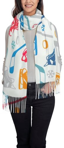 Damenschal mit Hockey-Elementen, kreativer gemusterter Druck, modisches Accessoire, weiche Quaste, lang, dick, 197,1 x 71,9 cm, Schwarz, Einheitsgröße