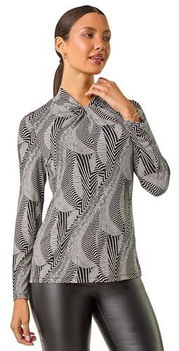 Roman Originals Abstract Print Twist Neck Top for Women UK - Ladies Everyday Autumn Winter Comfy Soft Evening Vacation Work Party Night Out - Black - Size 18