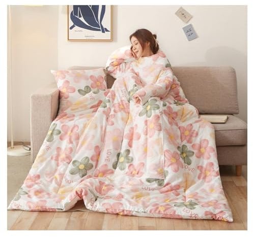 Lazy Quilt with Sleeves, Can Be Folds into A Pillow, Can Be Worn on The Bed and Sofa, Wearable Quilt for Office Dormitories Sleeping Travel(pink-white,M)