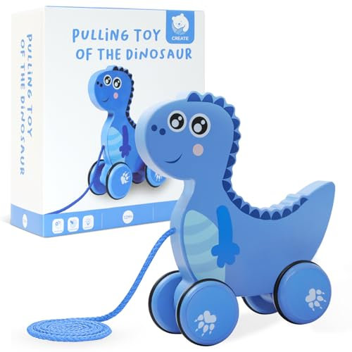 HOTUT Giocattoli da Tirare a Partire da 1 Anno, Tirare gli Animali in Legno, Animale da Tirare Dinosauro in Legno Giocattolo per Bambini, Animale da Traino in Legno, Gioco Trainabile per La Motricità