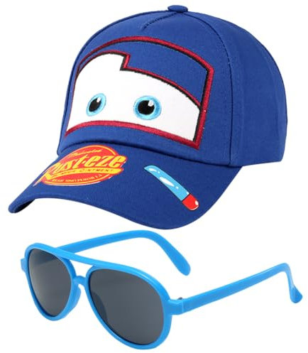 Car Kinder Baseball Cap, 2PCS Baseballkappe und Sonnenbrille Schirmmütze Sonnenschutz Cap Cartoon Snapback Cap Baseballmütze Einstellbare Kappe Sonnenbrillen Set für Kinder Ab 2 Jahren