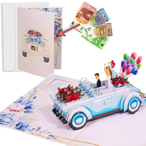 LINPOPUP®Pop-Up Hochzeitskarte Hochzeitsauto - 3D Hochzeitskarte mit Auto, Glückwunschkarte zur Hochzeit, als Gutschein für Hochzeitsreise - Geldgeschenk, Flitterwochen Geschenk, mit Umschlag, N38