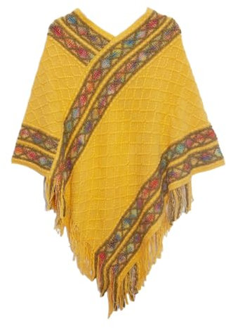 AQCQDQ Damen Retro Pullover Quaste Schal, Winterschal Umhang Damen Pullover Poncho Mit V Ausschnitt, Gestrickter Schal im Retro Ethno Stil, Zopfmuster Cape Wickeltuch Mit Fransen (Gelb,Einheitsgröße)
