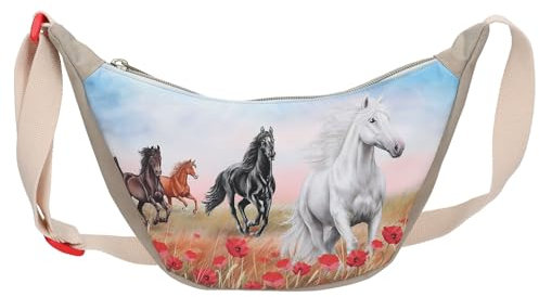 Depesche 13343 Miss Melody Poppy Sand - Kleine Halbmond Umhängetasche in Beige, mit Pferde Motiv und Mohnblumen, Täschchen mit längenverstellbarem Gurt