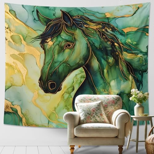 Wandteppich mit grünem Pferd, eleganter dekorativer Wandbehang für Frühling, Schlafzimmer, Wohnzimmer, böhmische Heimdekoration, schöne Wandteppiche für Wohnheim, 203 x 152 cm