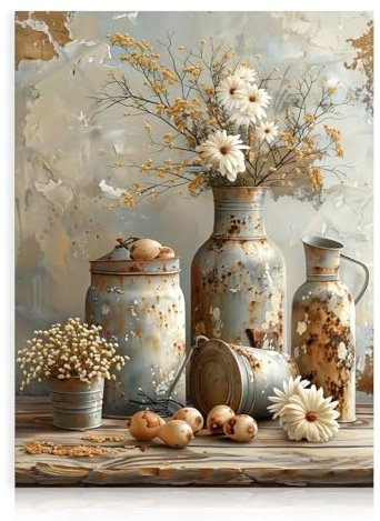 Dazzlewall Gänseblümchen Blumen WandBild, Vintage Rustikaler Botanik Leinwand Bild für Küche Landhausstil Badezimmer Deko 12x16 Zoll Ungerahmt