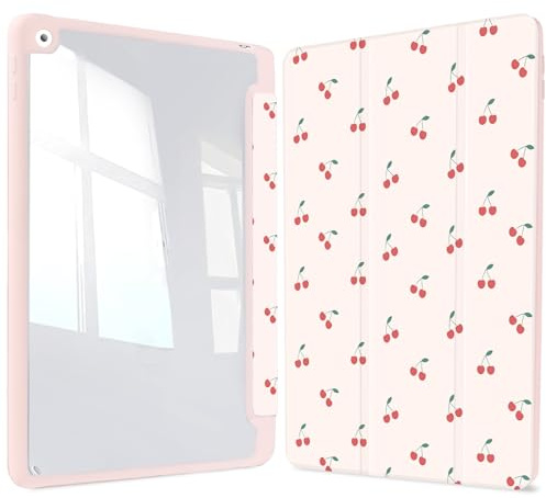 Vozehui Bonita funda de cerezo de 10.2 pulgadas para iPad de 9ª/8ª/7ª generación con carcasa trasera transparente con soporte para lápices, funda protectora de triple pliegue a prueba de golpes con