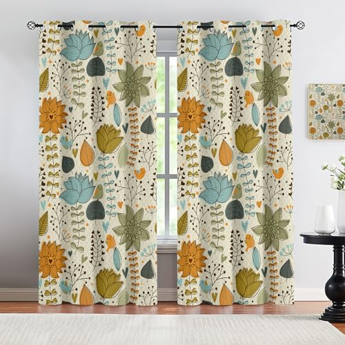 VELOMEA Vintage Verdunkelungsvorhänge Mit Blumen Vögeln Retro Stil Botanisches Tiere Natur Dekorative Gardinen für Wohnzimmer Schlafzimmer Kinderzimmer, 2er Set 132x244 cm
