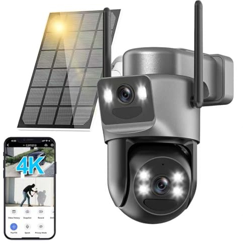 Abiso 4K Solar Security Camera Outdoor Wireless, 5GHz/2.4GHz WiFi 360° PTZ Cameras for Home Security with Dual Lens, PIR Motion Detection, Auto Tracking, Siren, Color Night Vision, 2-Way Audio, IP66