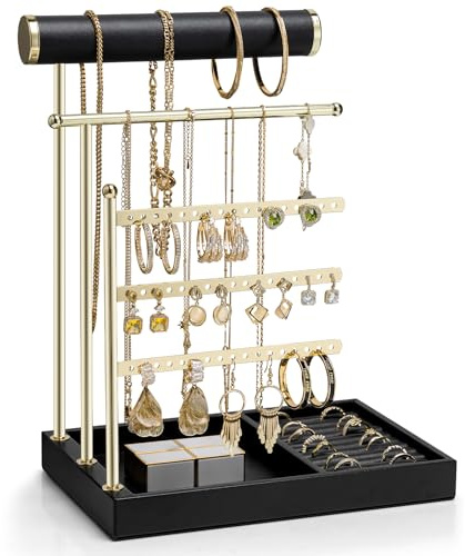 VLANDO Schmuckständer, Schmuckaufbewahrung mit Ablage, Zimmer Deko | Schmuck Organizer display für Halsketten, Uhren, Ringe, Ohrringe, Armbänder, Armreifen, Sonnenbrillen,Schwarz