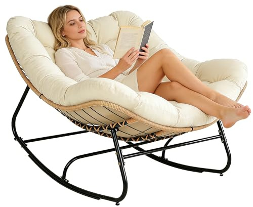 SUNCROWN Oversized Wicker Rocking Chair Indoor Outdoor, 450 LBS Heavy Duty Patio Papasan Egg Chair with Cushion, E-Coated Frame Lounge Rocker for Balcony Porch Garden Living Room, Beige