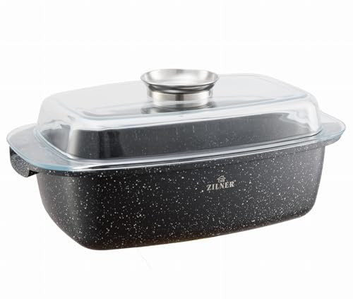 ZILNER Bräter mit Deckel, Marmor Antihaftbeschichtung, 5,5 L, Schwarz | Bratentopf für alle Herdarten, Aluguss, Induktion, Glasdeckel, Schmorpot für Fleisch und Gemüse