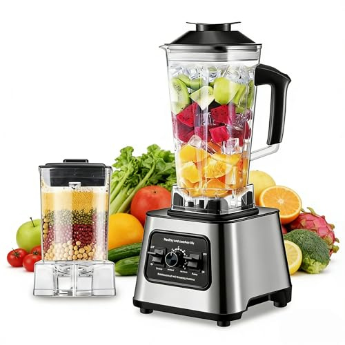 Batidora Multifunción 6000W, 2 en 1 licuadoras para zumos y batidos con 9 Velocidades Regulables 2 Jarras 4 Cuchillas de Acero Inoxidable,Batidora de Cocina para Batidos, Smoothies y Zumos