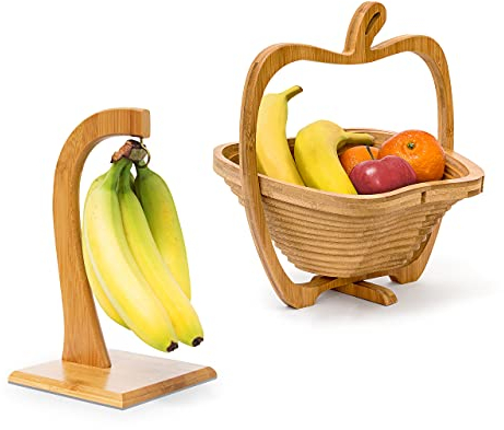 2 tlg Obst Set, Bananenhalter, Obstkorb, Obsthalter, Obstschale, Obstständer, Faltkorb, Bananenständer, Dekoschale, Holz