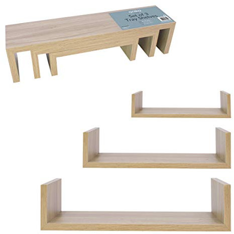 Anika 62790 U-Shaped Floating Shelves/Tray Shelf Design/Set of 3 / Oak Effect/Large 43cm x 10cm, Medium 33cm x 9cm, Small 23cm x 7cm
