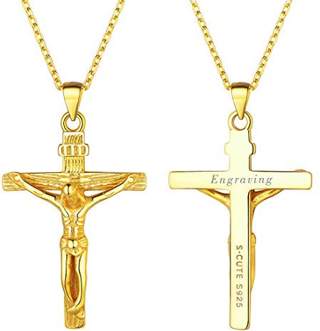 U7 Name Gravur Kruzifix Halskette Damen 925 Silber Kette und 18k vergoldet Kreuz Anhänger personalisiert katholischen religiöser Modeschmuck für Frauen Geburtstag Weihnachten