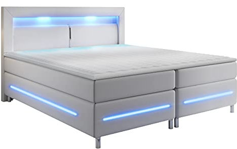 Mirjan24 Boxspringbett Amarante, Blauer LED-Beleuchtung, Matratzen-Topper und Bonellmatratze im Set Ehebett Bettgestell Bett Doppelbett Amerikanisches Continentalbett (Soft-KM 010, 180 x 200 cm)