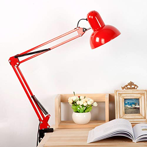 FREELX Desk Clip Light, Reading Light Modern Adjustable Spin Swing Metal Arm with Clamp Study Lamp Button Switch Lighting for Bedroom Study Work Bench Painting Board E27,Red