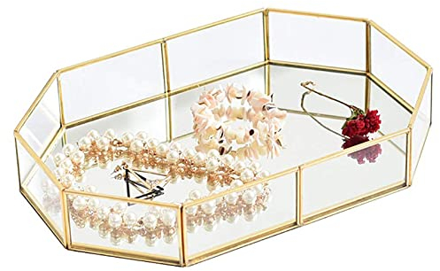 Hoobao Plateau Miroir en Verre Doré,Plateau Miroir BoîTe à Bijoux, Verre en MéTal Doré Vintage Plat Service pour DéCoration de Salle de Bain pour Coiffeuse, Salle de Bain, Chambre à Coucher