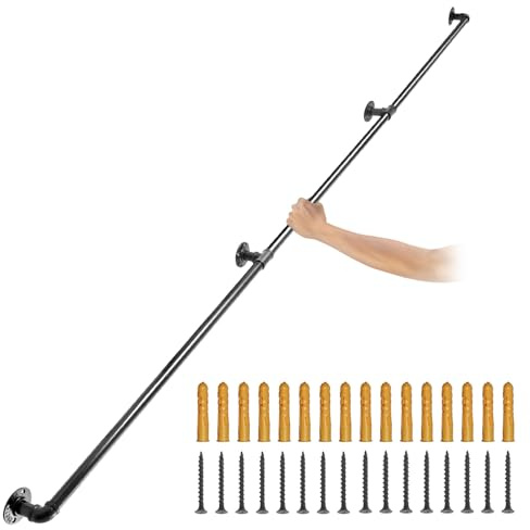 VEVOR Pipe Stair Handrail, 10FT Staircase Handrail, 440LBS Load Capacity Carbon Steel Pipe Handrail, Industrial Pipe Handrail with Wall Mount Support, Round Corner Wall Handrailing for Indoor, Outdoor